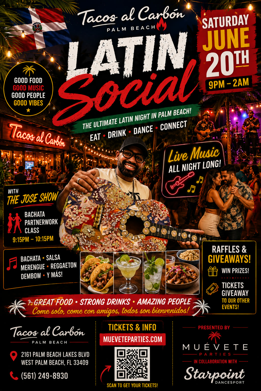 Latin Social flyer — Saturday, June 20, 2026 at Tacos al Carbón Palm Beach
