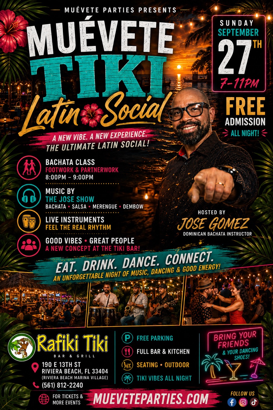 Muévete Tiki Latin Social flyer — Sunday, September 27, 2026 at Rafiki Tiki Bar & Grill
