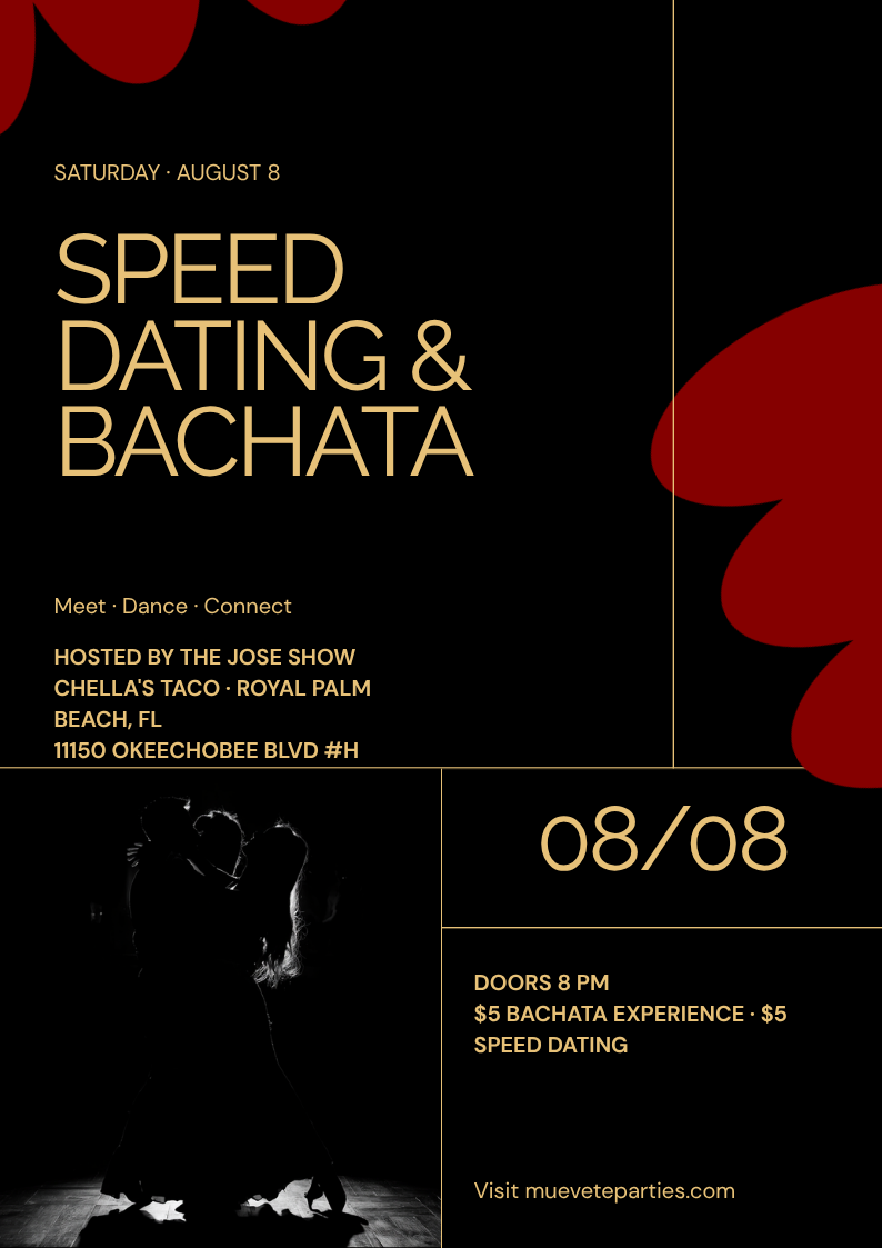 Speed Dating & Bachata flyer — Saturday, August 8, 2026 at Chella's Taco