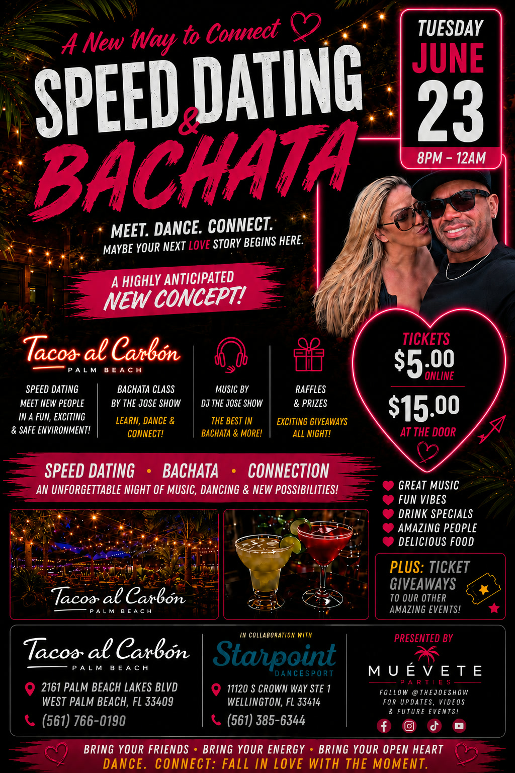 Speed Dating & Bachata flyer — Tuesday, June 23, 2026 at Tacos al Carbón Palm Beach